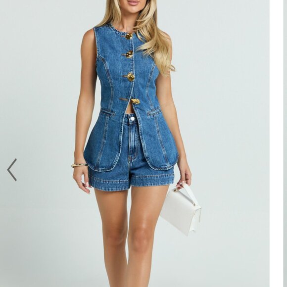 Rhianna Top - Detailed Button Down Longline Recycled Denim Vest Top in Dark Blue - Picture 4 of 4